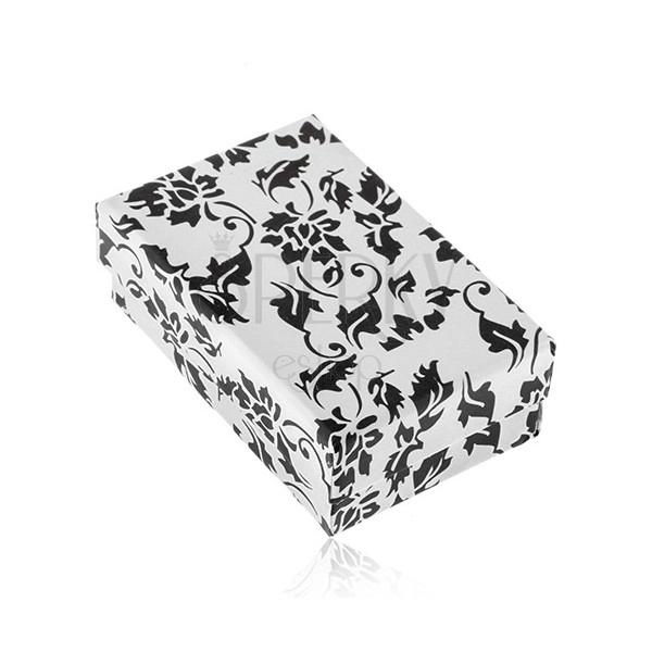 Biela darčeková krabička na prsteň a náušnice, čierny motív kvetov a listov
