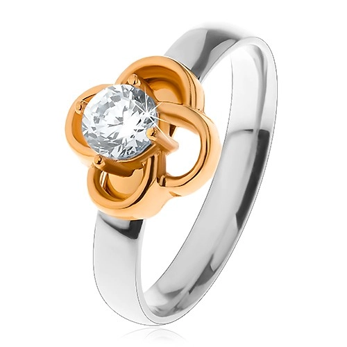Oceľový prsteň v striebornom odtieni, kvietok zlatej farby s čírym zirkónom - Veľkosť: 59 mm