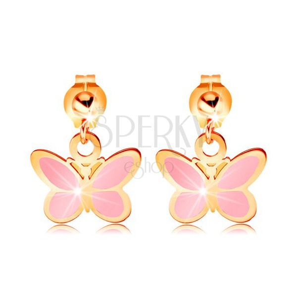 Zlaté náušnice 585 - lesklá gulička a visiaci ružový motýlik, glazúra