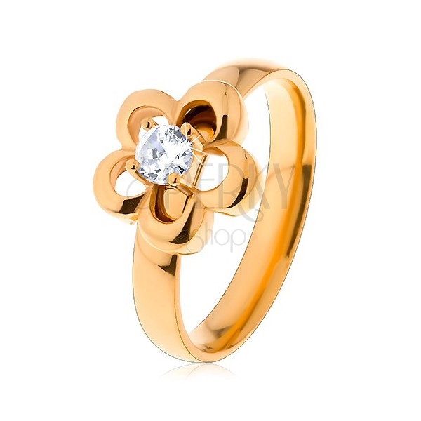 Oceľový prsteň v zlatom odtieni, kvietok, vyvýšený okrúhly zirkón čírej farby