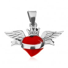 Prívesok zo striebra 925, červené srdce so stuhou, korunkou a krídlami