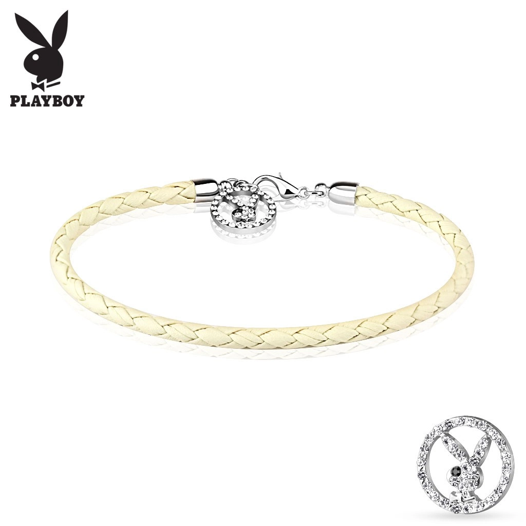 E-shop Šperky Eshop - Biely pletený náramok zo syntetickej kože, prívesok - číry zirkónový Playboy zajačik AC18.17