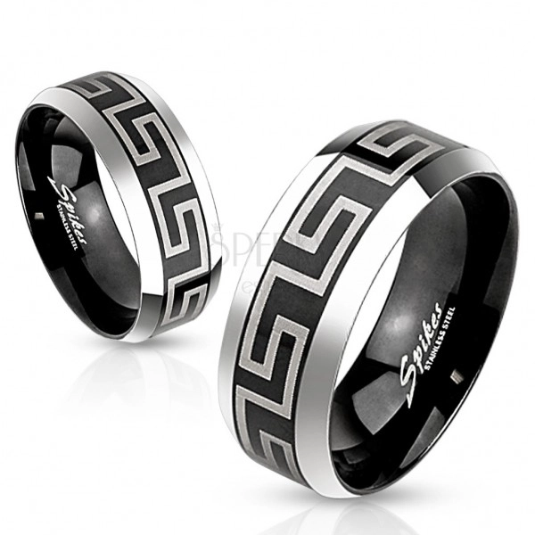 Dvojfarebný prsteň z ocele 316L, čierny stredový pás s gréckym kľúčom, 8 mm