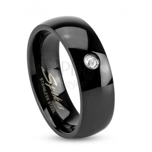 Čierny oceľový prsteň, lesklé zaoblené ramená, číry zirkónik, 6 mm