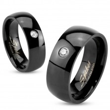 Čierny oceľový prsteň, lesklé zaoblené ramená, číry zirkónik, 6 mm
