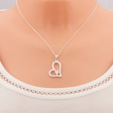 Strieborný náhrdelník 925, asymetrická kontúra srdca, číre zirkónové srdiečko