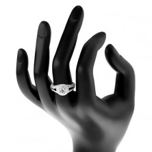 Strieborný prsteň 925 - zásnubný, rozdelené ramená, žiarivý kruh so zirkónom