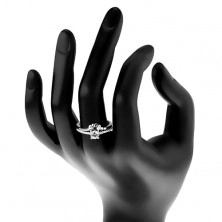 Zásnubný prsteň, striebro 925, číry zirkón a trblietavé ramená, lístočky