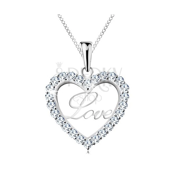 Strieborný náhrdelník 925, tenká retiazka, trblietavá kontúra srdca, nápis Love