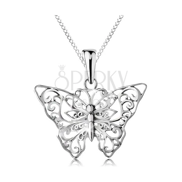 Strieborný 925 náhrdelník, motýlik s vyrezávanými ornamentami, retiazka