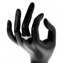 Strieborný prsteň 925, rozdelené zirkónové ramená, číry zirkón s lemom