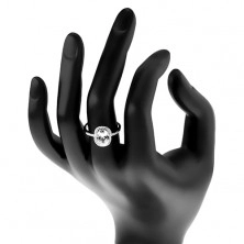 Strieborný 925 prsteň - zásnubný, veľký oválny zirkón čírej farby v kotlíku, číry lem