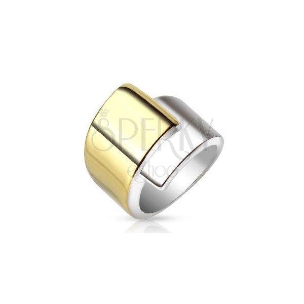 Oceľový prsteň, široké prekrývajúce sa ramená zlatej a striebornej farby