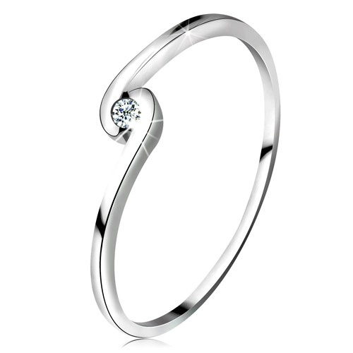 Prsteň z bieleho zlata 14K - okrúhly číry diamant medzi zahnutými ramenami - Veľkosť: 56 mm