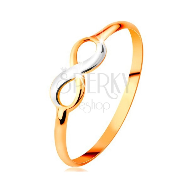 Zlatý prsteň 585 - dvojfarebný lesklý symbol nekonečna, úzke hladké ramená