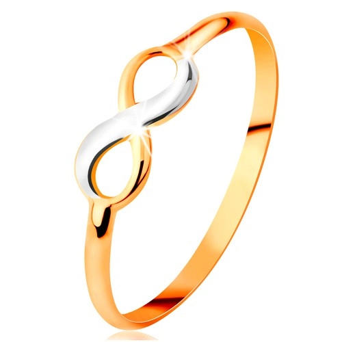 Zlatý prsteň 585 - dvojfarebný lesklý symbol nekonečna, úzke hladké ramená - Veľkosť: 49 mm