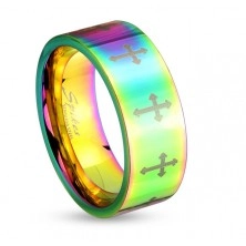 Farebný oceľový prsteň s lesklým povrchom a krížikmi striebornej farby, 6 mm