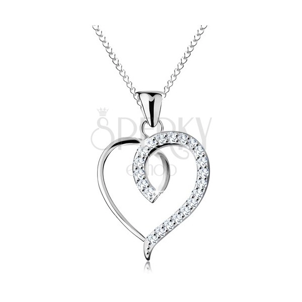 Strieborný 925 náhrdelník, nesúmerný obrys srdca s trblietavou polovicou