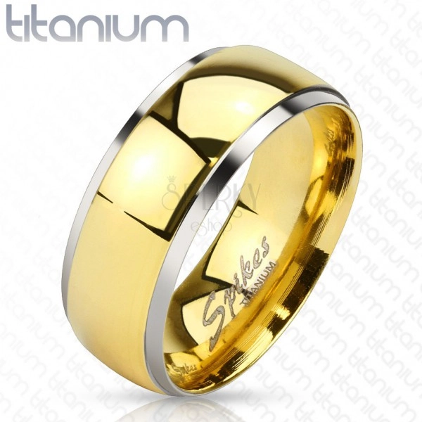 Obrúčka z titánu - lesklý pás v zlatom odtieni a úzke okraje striebornej farby, 8 mm