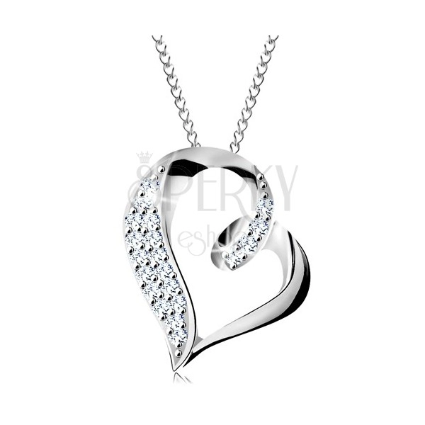 Strieborný náhrdelník 925, nepravidelná kontúra srdca so slučkou a zirkónikmi
