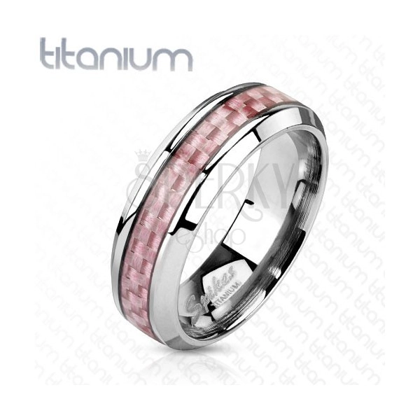Titánová obrúčka striebornej farby, stredový pás z ružových vlákien, 6 mm