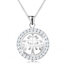 Strieborný 925 náhrdelník, prívesok - lesklý strom života v trblietavej obruči