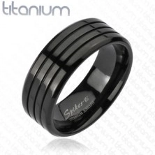 Čierny prsteň z titánu s tromi tenkými zárezmi, vysoký lesk, 8 mm