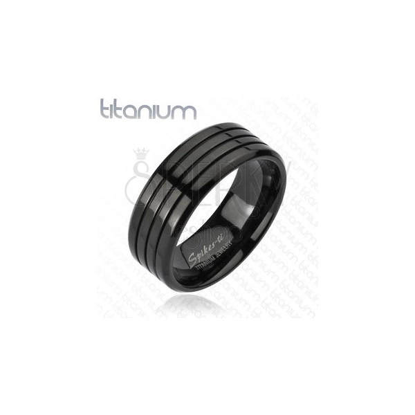 Čierny prsteň z titánu s tromi tenkými zárezmi, vysoký lesk, 8 mm