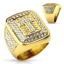 Mohutný prsteň zlatej farby, oceľ 316L, číre zirkóniky, latinský krížik, zárezy