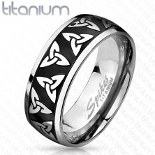 Titánový prsteň striebornej a čiernej farby, lesklé okraje, keltské symboly, 8 mm