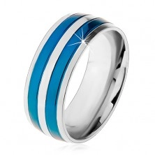Dvojfarebný oceľový prsteň, tenké pásy v modrom a striebornom odtieni, zárezy, 8 mm