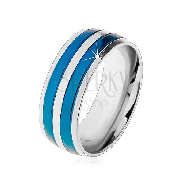 Dvojfarebný oceľový prsteň, tenké pásy v modrom a striebornom odtieni, zárezy, 8 mm