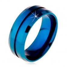 Modrý prsteň z chirurgickej ocele, úzky zárez v strede, skosené okraje, 8 mm