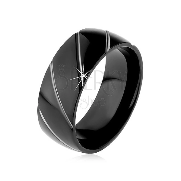 Obrúčka z ocele 316L čiernej farby, diagonálne pásy v striebornom odtieni, 8 mm