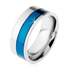 Prsteň z chirurgickej ocele, pásy modrej a striebornej farby, 8 mm