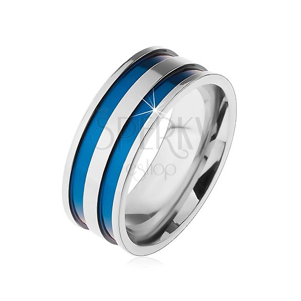 Oceľový prsteň v striebornom odtieni, tenké vyhĺbené pásy modrej farby, 8 mm