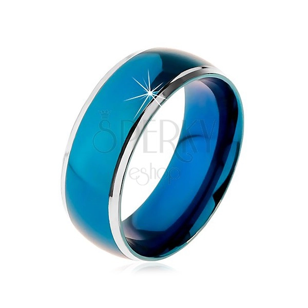 Prsteň z chirurgickej ocele, zaoblený modrý pruh, lemy striebornej farby, 8 mm