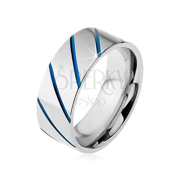 Prsteň z ocele 316L striebornej farby, modré diagonálne pásy, 8 mm