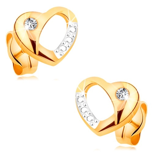 E-shop Šperky Eshop - Briliantové náušnice zo 14K zlata - dvojfarebné srdiečko s výrezom a diamantom BT177.25