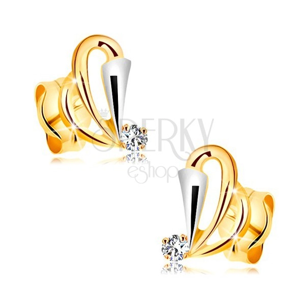 Zlaté náušnice 585 s čírym diamantom - kontúry slzičiek, rozšírený pás z bieleho zlata