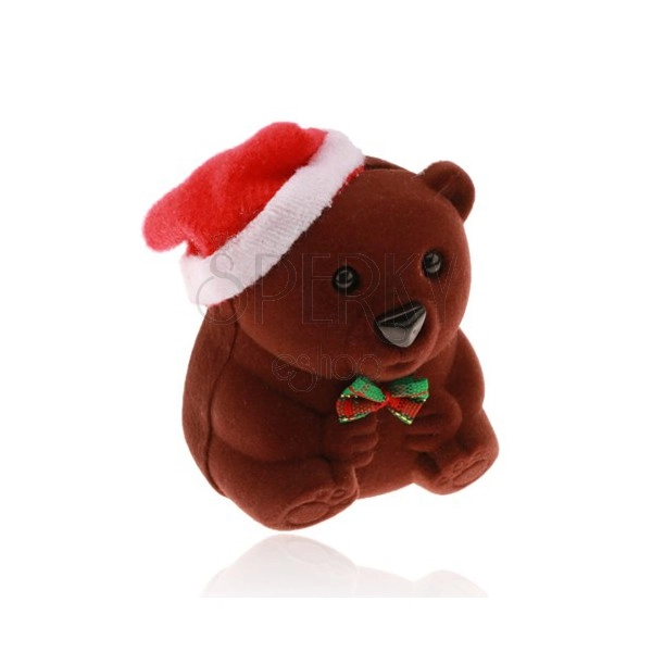 Zamatová krabička na prsteň, náušnice alebo prívesok, hnedý medvedík s čiapkou