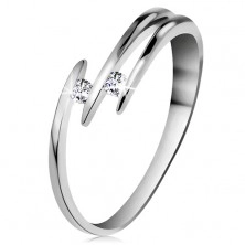 Briliantový prsteň z bieleho 14K zlata - dva ligotavé číre diamanty, tenké línie ramien