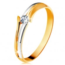 Diamantový zlatý prsteň 585, žiarivý číry briliant, rozdelené dvojfarebné ramená