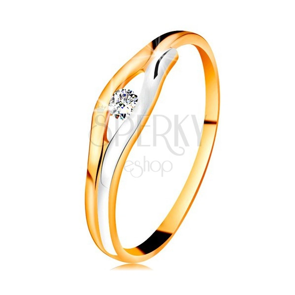Briliantový prsteň v 14K zlate - diamant v úzkom výreze, dvojfarebné línie