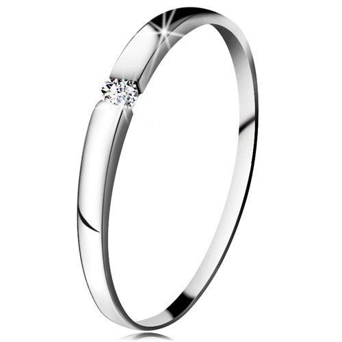 Diamantový prsteň z bieleho 14K zlata - briliant čírej farby, jemne vypuklé ramená - Veľkosť: 50 mm