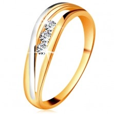Briliantový prsteň zo 14K zlata, zvlnené dvojfarebné línie ramien, tri číre diamanty