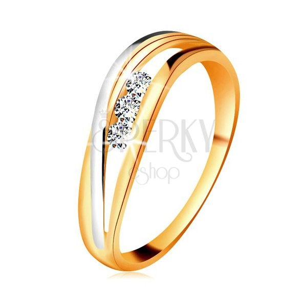 Briliantový prsteň zo 14K zlata, zvlnené dvojfarebné línie ramien, tri číre diamanty