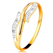 Diamantový prsteň zo 14K zlata, zvlnené dvojfarebné ramená, tri číre diamanty