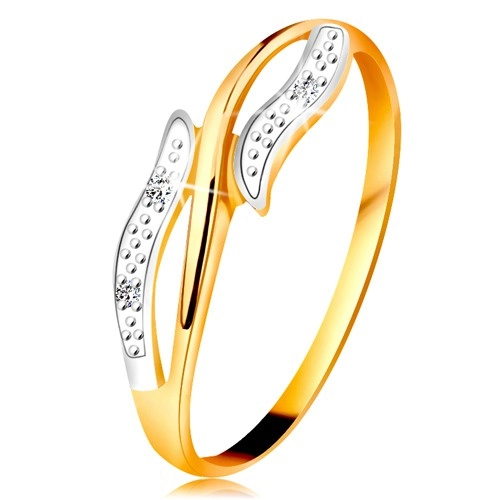 Diamantový prsteň zo 14K zlata, zvlnené dvojfarebné ramená, tri číre diamanty - Veľkosť: 60 mm