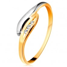 Zlatý diamantový prsteň 585 - dvojfarebné zahnuté lístočky, tri číre brilianty